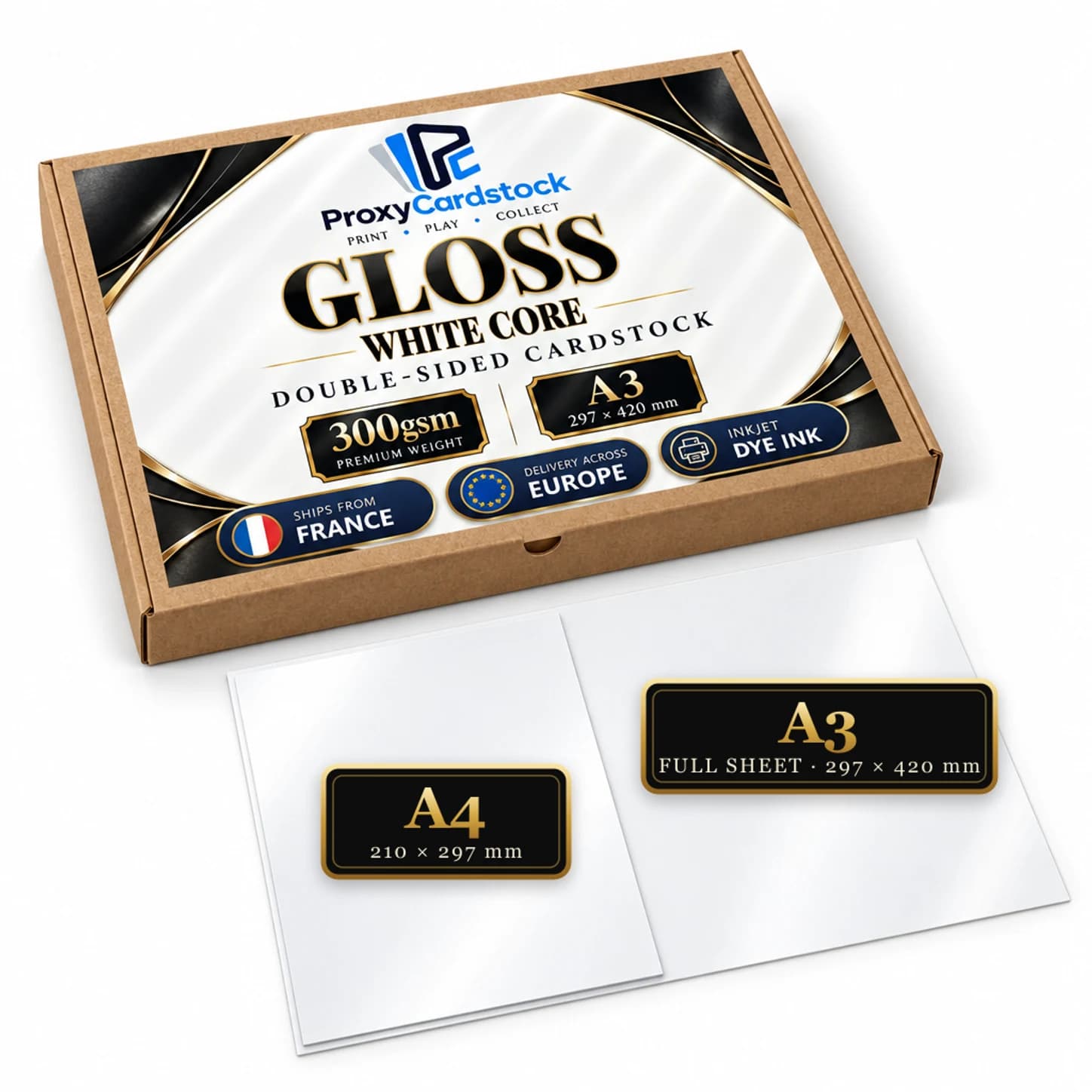 Material illustration: Double-sided Gloss A3 Paper · White Core · 300 gsm