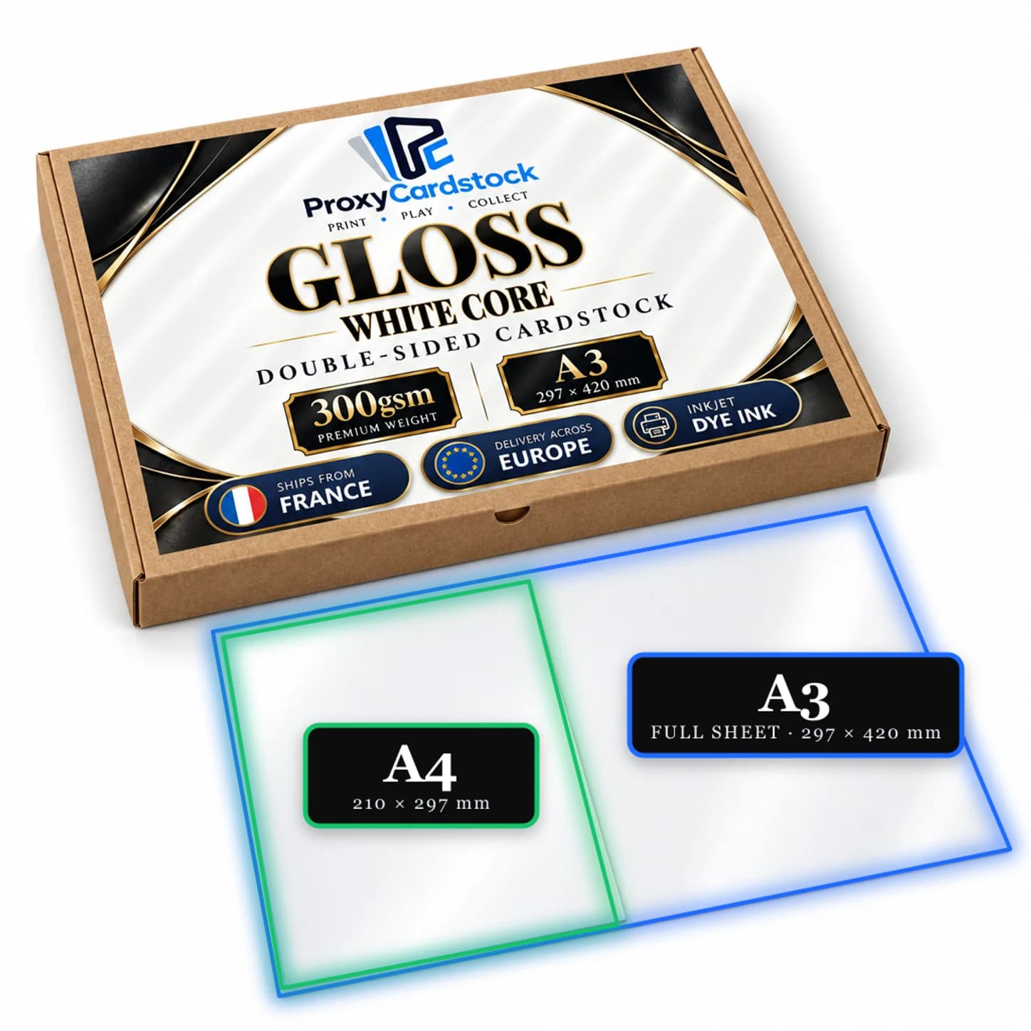 Material illustration: Double-sided Gloss A3 Paper · White Core · 300 gsm