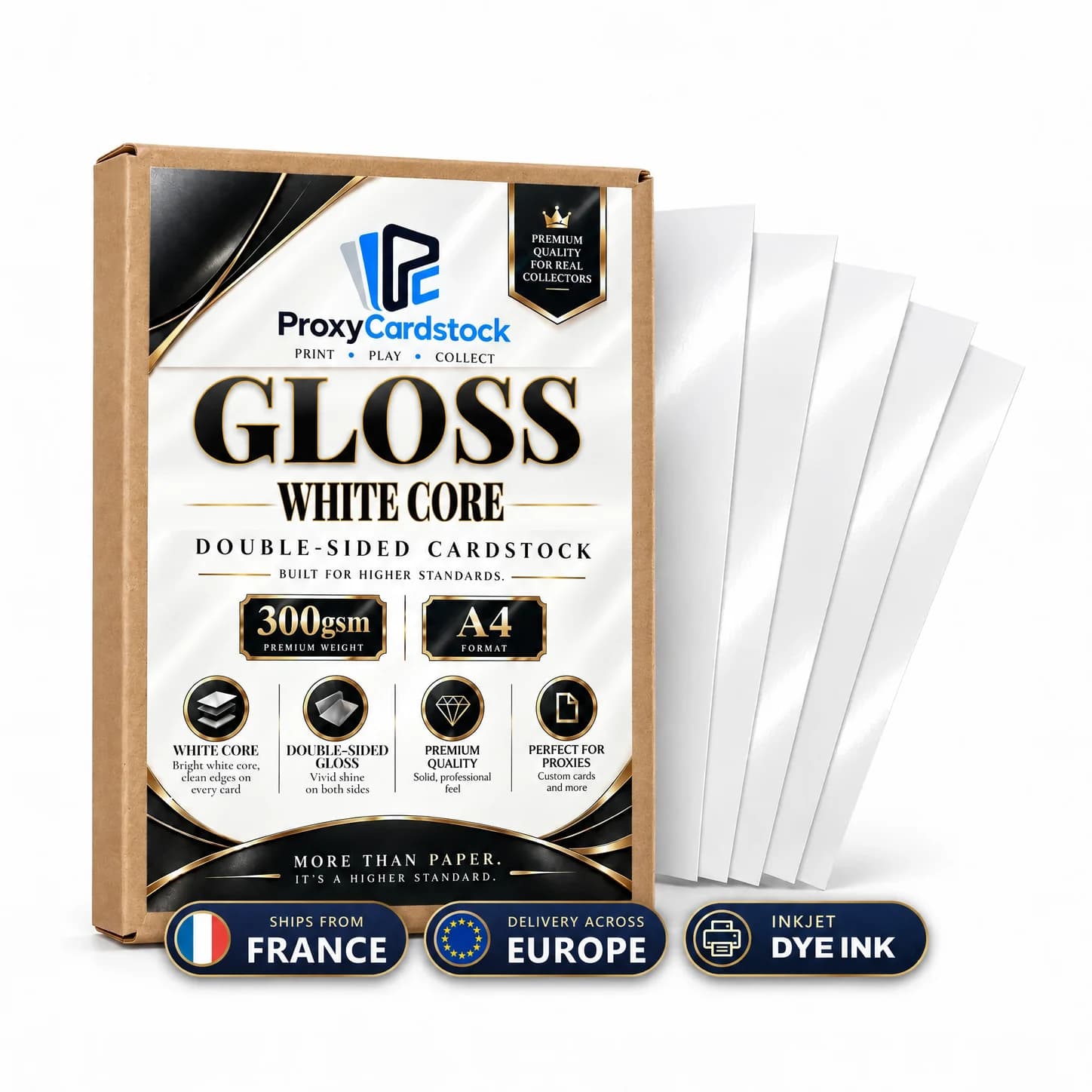 Illustration de matière : Papier Gloss double face · White Core · 300 gsm
