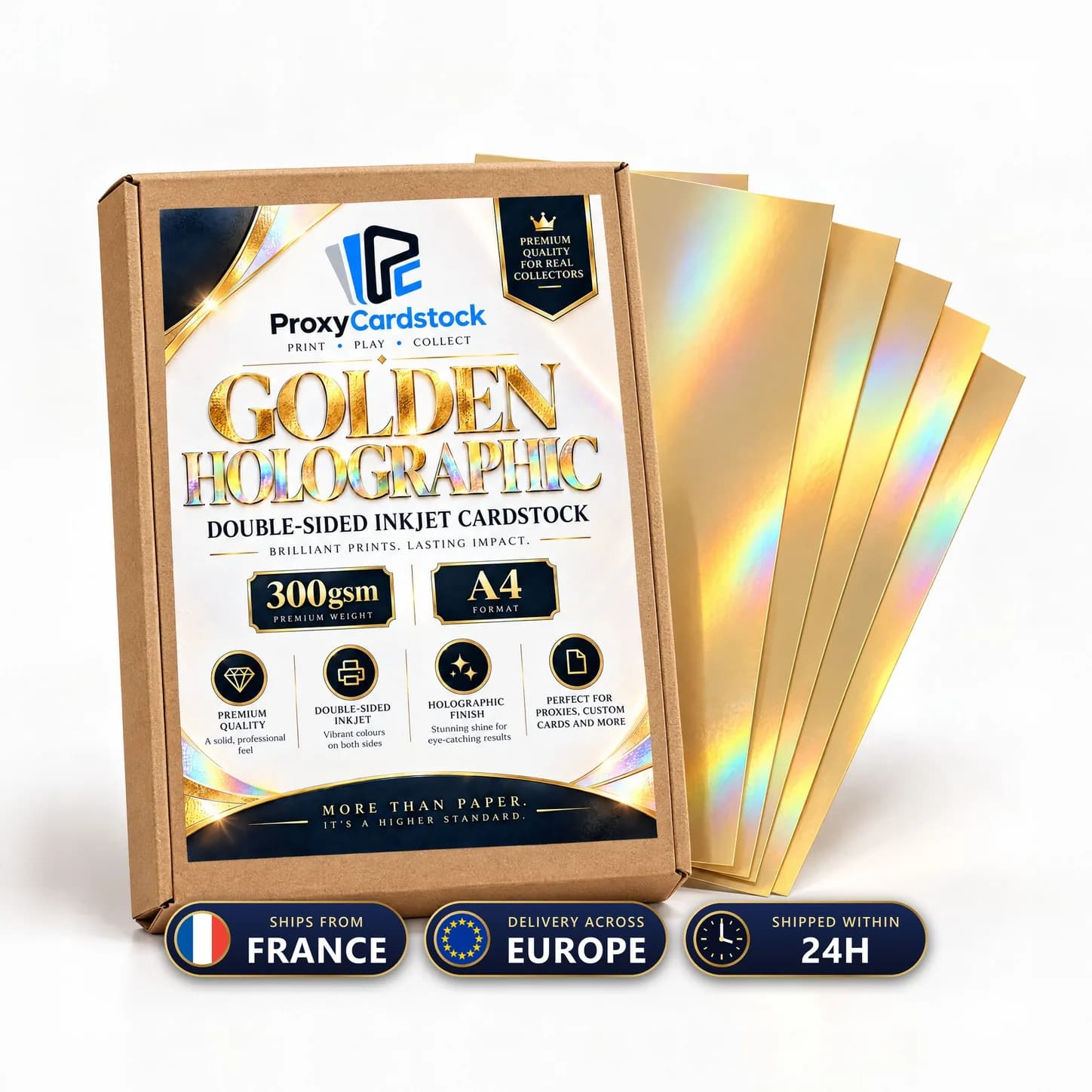 Material illustration: Double-sided Golden Holographic Paper · Black Core · 300 gsm