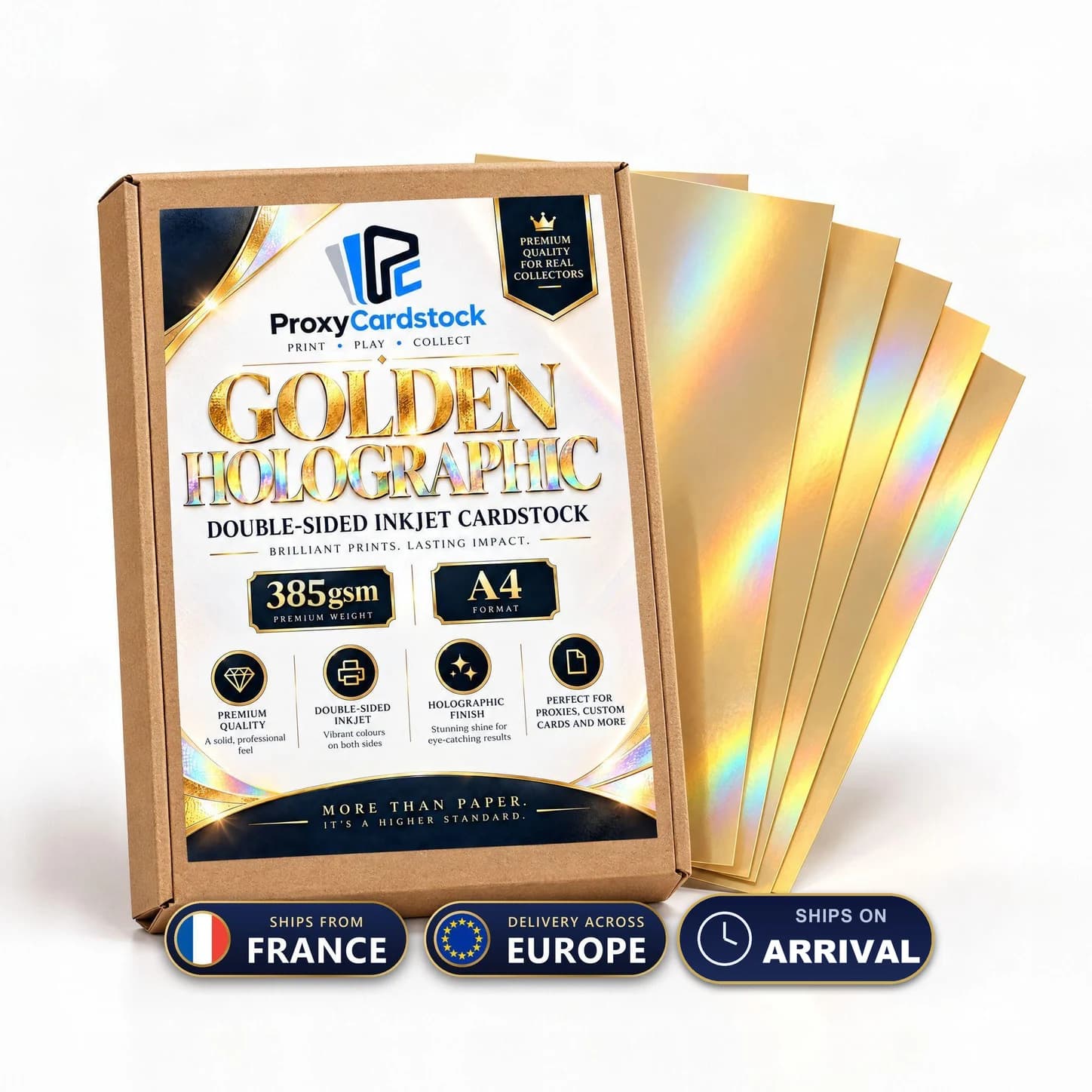 Illustration de matière : Papier Golden Holographic double face · 385 gsm