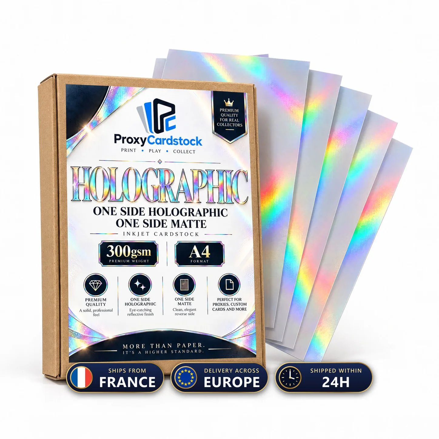 Material illustration: Holographic Front / Matte Back Paper · Blue Core