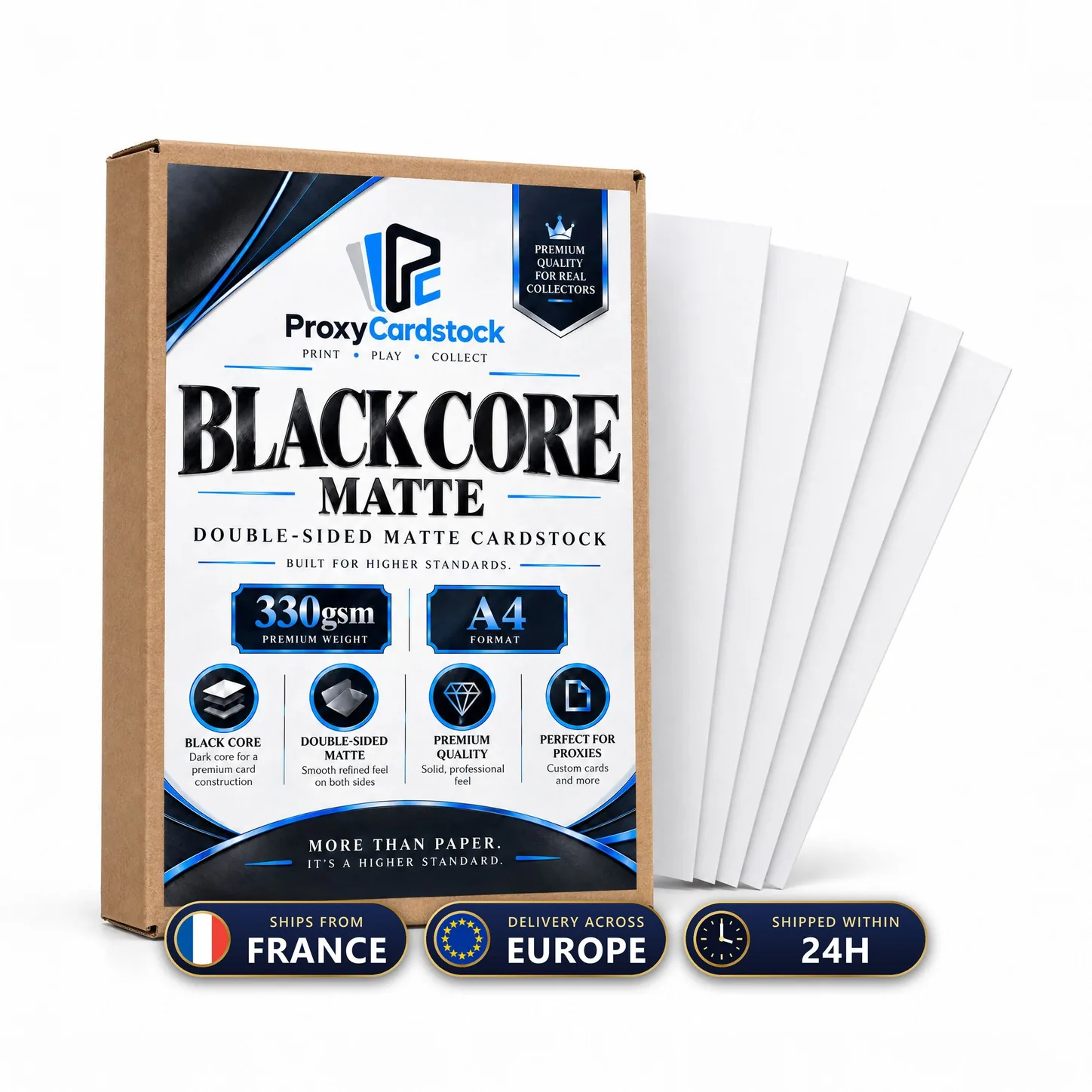 Material illustration: Double-sided Matte Paper · Black Core · 330 gsm