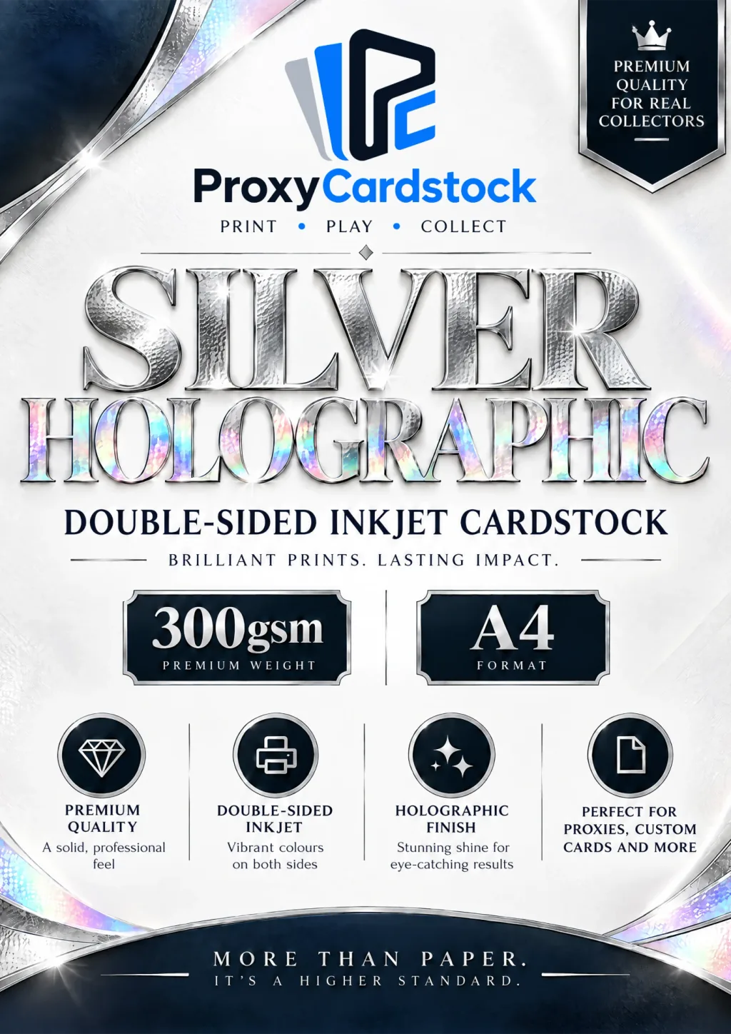 Material illustration: Double-sided Silver Holographic Paper · Black Core · 300 gsm