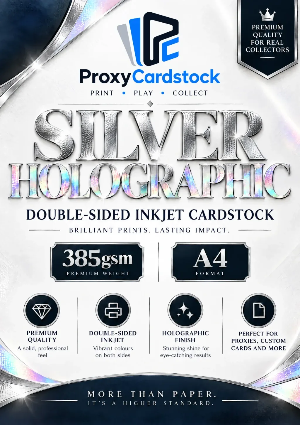 Material illustration: Double-sided Silver Holographic Paper · 385 gsm