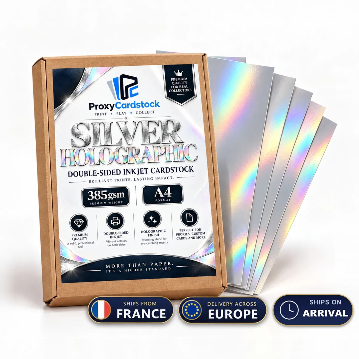 Illustration de matière : Papier Silver Holographic double face · 385 gsm