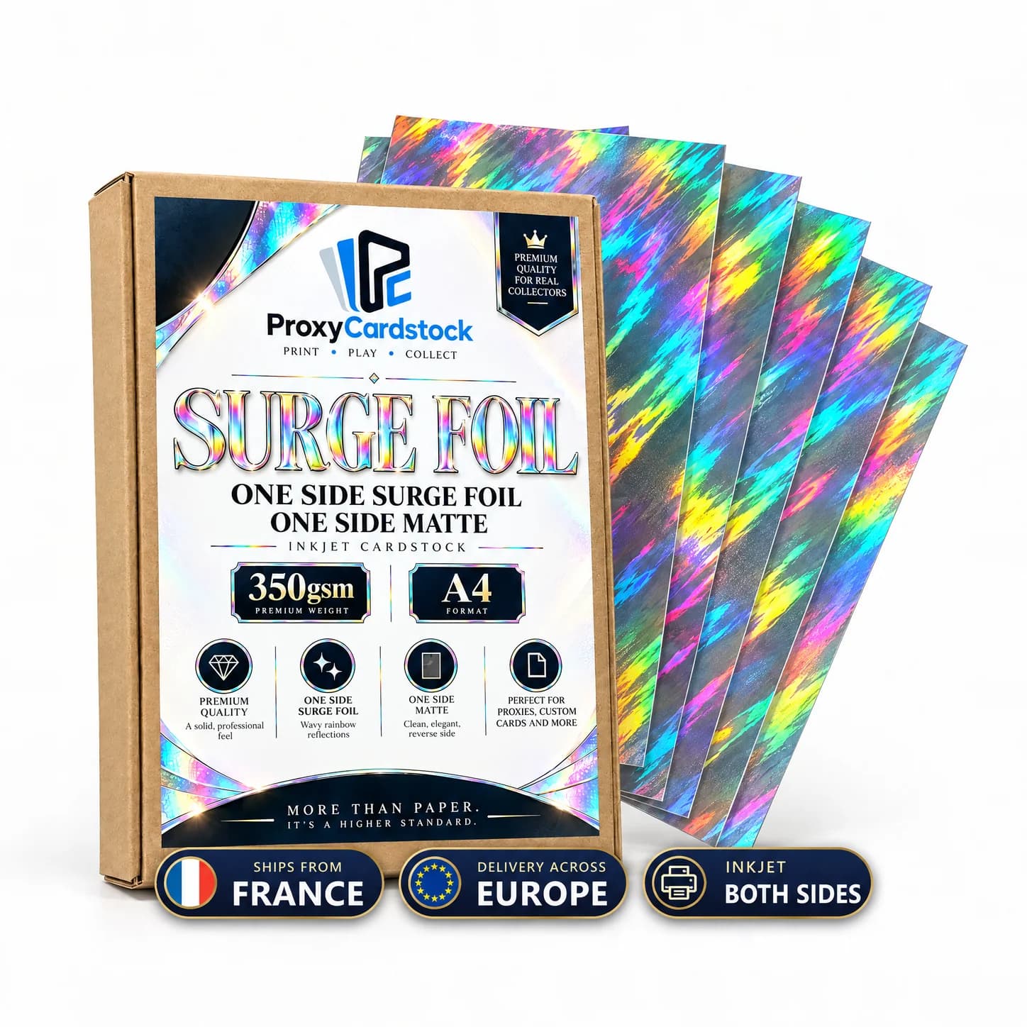 Material illustration: Foil Surge Front / Matte Back Paper · Blue Core · 350 gsm