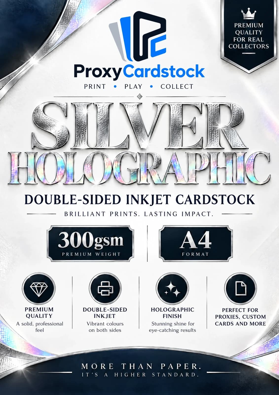 Product photo: Double-sided Silver Holographic Paper · Black Core · 300 gsm